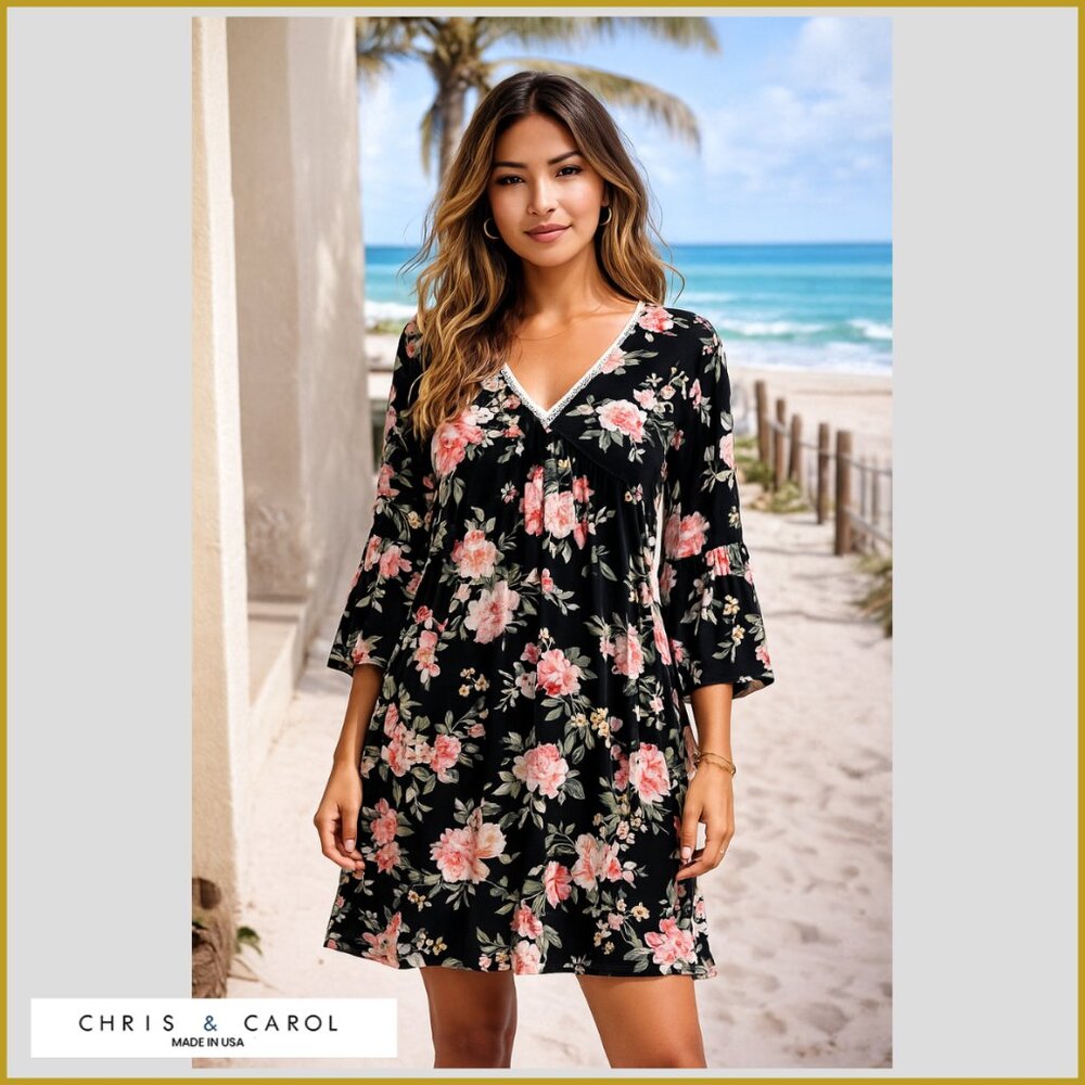 🤍 Chris & Carol Floral Boho Dress | Black Pink Print | Size M - NEW - NO Tags